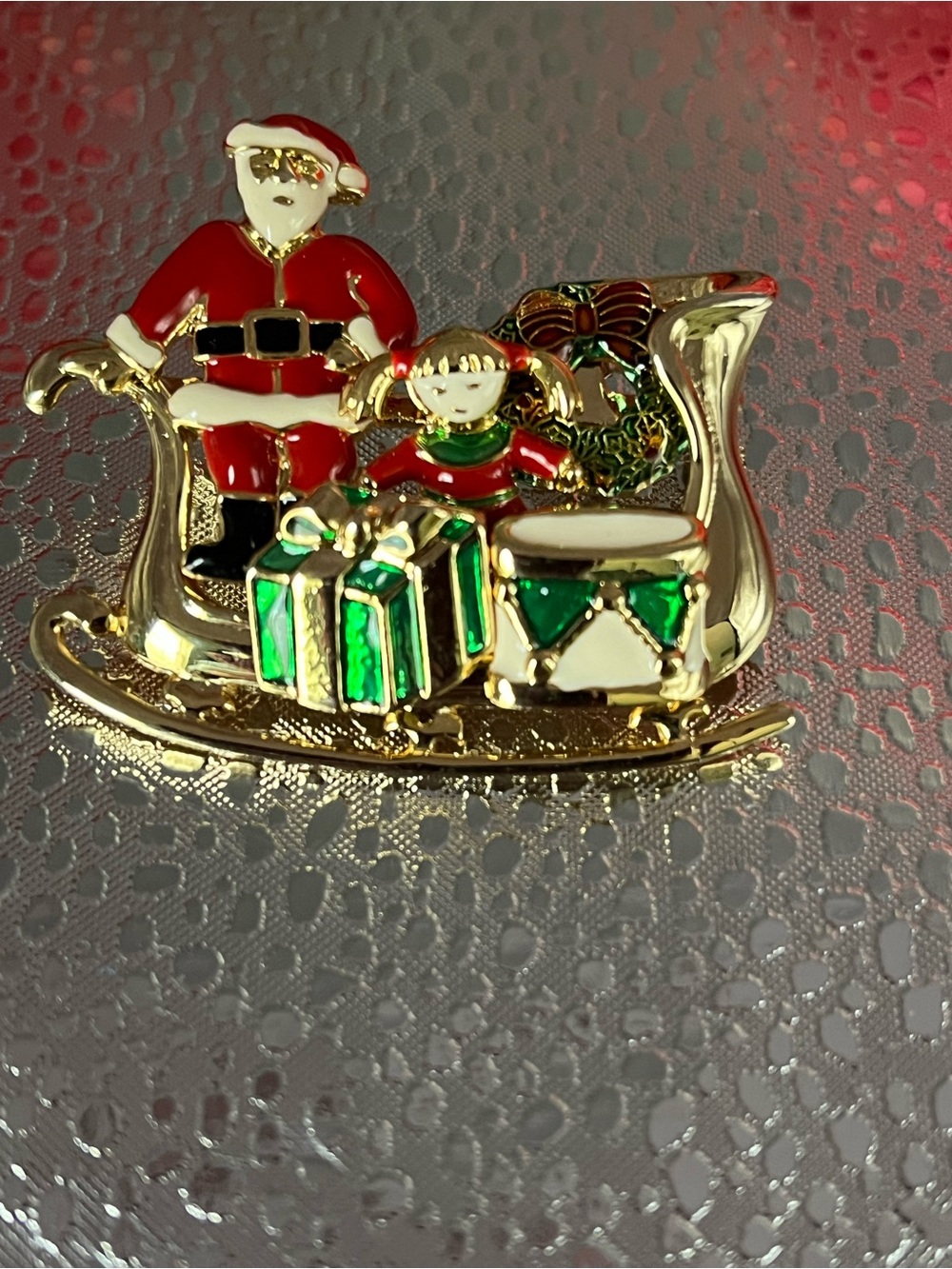 Holiday Santa Sleigh brooch/Pin with wearable earrings - Gold, Red & Green